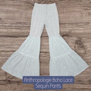 Blithe LA Anthropologie Silver Sequin Lace Tiered Flare Pants Small Limited Ed